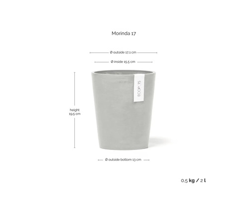 Grauer Ecopots Morinda 17 Blumentopf, Höhe 19,5 Zentimeter, Außendurchmesser 17,1 Zentimeter, Volumen 2 Liter.