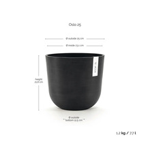 Ecopots Oslo 25 Blumentopf: Höhe 21,8 Zentimeter, Außendurchmesser 25 Zentimeter, Volumen 7,7 Liter, Gewicht 1,2 Kilogramm.