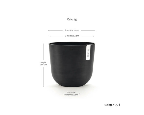 Ecopots Oslo 25 Blumentopf: Höhe 21,8 Zentimeter, Außendurchmesser 25 Zentimeter, Volumen 7,7 Liter, Gewicht 1,2 Kilogramm.