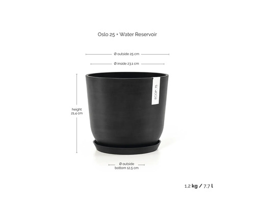 Ecopots Oslo 25 Blumentopf mit Wasserreservoir. Maße: Höhe 21,4 Zentimeter, Außendurchmesser 25 Zentimeter, Volumen 7,7 Liter, Gewicht 1,2 Kilogramm.
