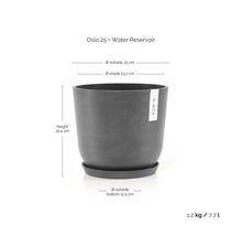Rundes Pflanzgefäß Ecopots Oslo 25 mit Wasserreservoir, Durchmesser 25 Zentimeter, Höhe 21,4 Zentimeter, Fassungsvermögen 7,7 Liter, Grau.