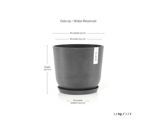 Rundes Pflanzgefäß Ecopots Oslo 25 mit Wasserreservoir, Durchmesser 25 Zentimeter, Höhe 21,4 Zentimeter, Fassungsvermögen 7,7 Liter, Grau.