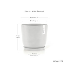 Grauer Ecopots Blumentopf Oslo 25 mit Wasserreservoir, Durchmesser 25 Zentimeter, Höhe 21,4 Zentimeter, Gewicht 1,2 Kilogramm, Fassungsvermögen 7,7 Liter.