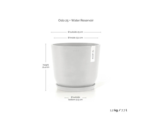 Grauer Ecopots Blumentopf Oslo 25 mit Wasserreservoir, Durchmesser 25 Zentimeter, Höhe 21,4 Zentimeter, Gewicht 1,2 Kilogramm, Fassungsvermögen 7,7 Liter.