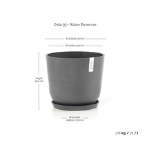 Ecopots Oslo 35 Pflanztopf mit Wasserreservoir. Durchmesser oben 35 Zentimeter, innen 32,9 Zentimeter, Höhe 30,5 Zentimeter, Volumen 21,7 Liter.
