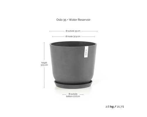 Ecopots Oslo 35 Pflanztopf mit Wasserreservoir. Durchmesser oben 35 Zentimeter, innen 32,9 Zentimeter, Höhe 30,5 Zentimeter, Volumen 21,7 Liter.