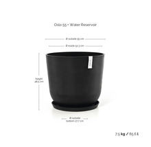 Schwarzer Ecopots Blumentopf Oslo 55 mit Wasserspeicher, Durchmesser 55 Zentimeter, Höhe 48,5 Zentimeter, Volumen 85,6 Liter.