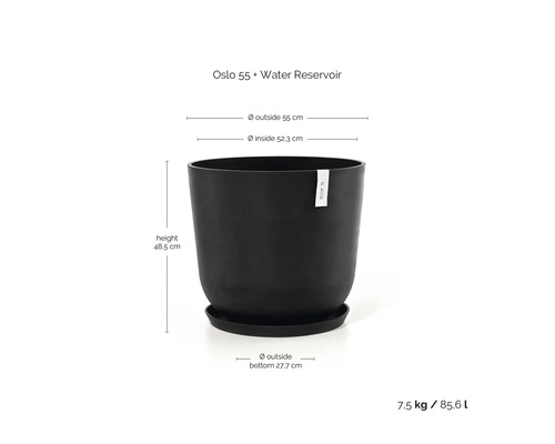 Schwarzer Ecopots Blumentopf Oslo 55 mit Wasserspeicher, Durchmesser 55 Zentimeter, Höhe 48,5 Zentimeter, Volumen 85,6 Liter.