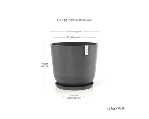 Ecopots Oslo 55 Pflanzkübel Anthrazit mit Wasserspeicher, Höhe 48,5 Zentimeter, Außendurchmesser 55 Zentimeter, Volumen 85,6 Liter.