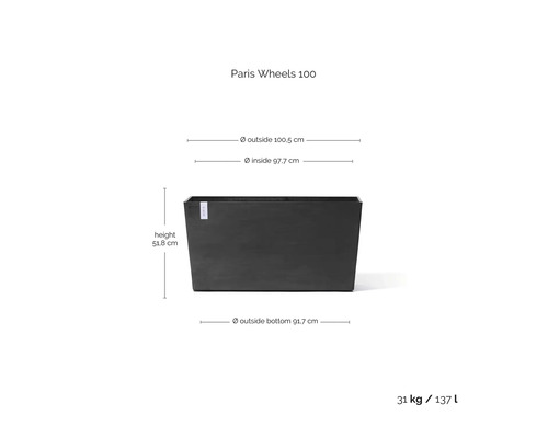 Dunkelgrauer rechteckiger Pflanzkübel Paris Wheels 100 mit Maßen: Höhe 51,8 Zentimeter, Breite 100,5 Zentimeter, Volumen 137 Liter.