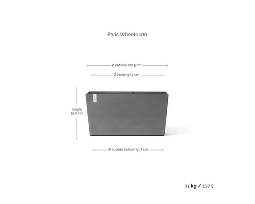 Rechteckiger Pflanzkübel Paris Wheels 100 mit Maßen: Höhe 51,8 Zentimeter, Außenbreite 100,5 Zentimeter und Volumen 137 Liter.