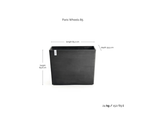 Rechteckiger Pflanzkübel Paris Wheels 85, anthrazit, Länge 85,2 Zentimeter, Höhe 65,8 Zentimeter, Tiefe 39,5 Zentimeter, Gewicht 24 Kilogramm.