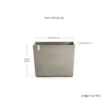 Rechteckiger Pflanzkübel Paris Wheels 85, Länge 85,2 Zentimeter, Höhe 65,8 Zentimeter, Tiefe 39,5 Zentimeter, Gewicht 24 Kilogramm.