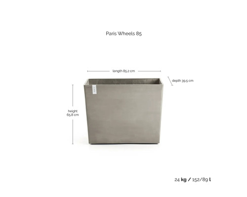 Rechteckiger Pflanzkübel Paris Wheels 85, Länge 85,2 Zentimeter, Höhe 65,8 Zentimeter, Tiefe 39,5 Zentimeter, Gewicht 24 Kilogramm.