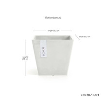 Quadratischer Blumentopf Ecopots Rotterdam 20, Länge 20,3 Zentimeter, Tiefe 20,3 Zentimeter, Höhe 17,8 Zentimeter, Volumen 5,2 Liter.