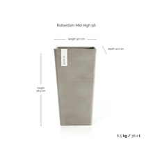 Ecopots Rotterdam Mid High 56 Pflanzkübel: Höhe 56,5 Zentimeter, Länge 32,7 Zentimeter, Tiefe 32,7 Zentimeter, Volumen 36,2 Liter.