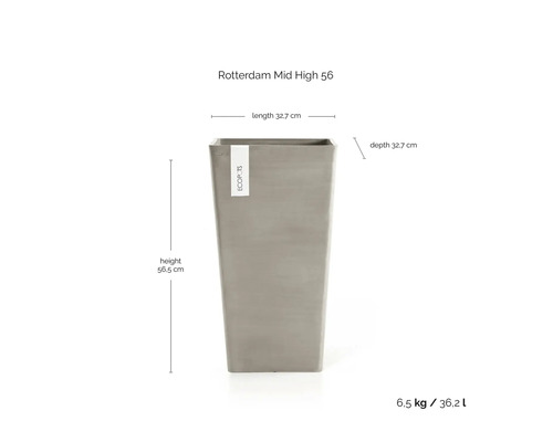 Ecopots Rotterdam Mid High 56 Pflanzkübel: Höhe 56,5 Zentimeter, Länge 32,7 Zentimeter, Tiefe 32,7 Zentimeter, Volumen 36,2 Liter.