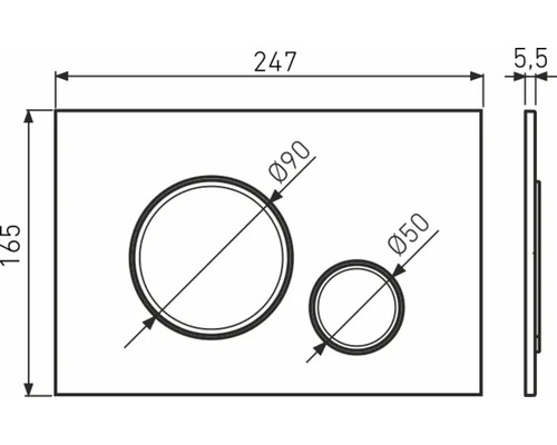 Technische Zeichnung einer Betätigungsplatte mit Maßangaben