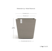 Quadratischer Pflanzkübel Ecopots Rotterdam 25 mit Wasserreservoir, Höhe 24,6 Zentimeter, Breite 25 Zentimeter, Volumen 10,7 Liter.