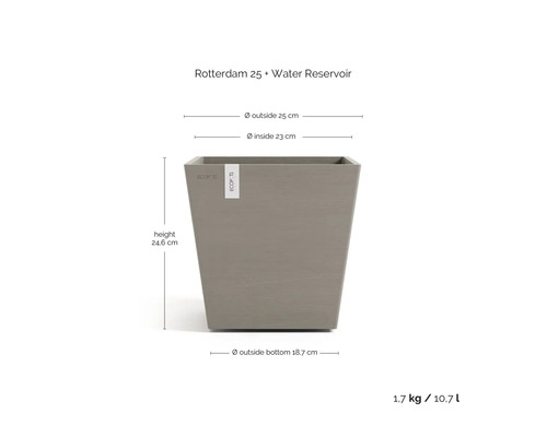 Quadratischer Pflanzkübel Ecopots Rotterdam 25 mit Wasserreservoir, Höhe 24,6 Zentimeter, Breite 25 Zentimeter, Volumen 10,7 Liter.
