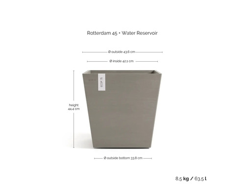 Ecopots Rotterdam 45 Blumentopf mit Wasserreservoir, Höhe 44,4 Zentimeter, Breite 43,6 Zentimeter, Gewicht 8,5 Kilogramm, Volumen 63,5 Liter.