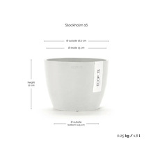 Blumentopf Ecopots Stockholm 16: Höhe 12 Zentimeter, Außendurchmesser 16,2 Zentimeter, innen 15 Zentimeter, Volumen 1,8 Liter.