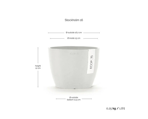 Blumentopf Ecopots Stockholm 16: Höhe 12 Zentimeter, Außendurchmesser 16,2 Zentimeter, innen 15 Zentimeter, Volumen 1,8 Liter.