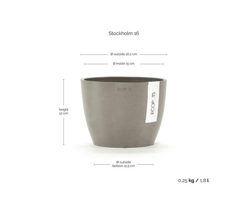 Ecopots Stockholm 16 Blumentopf in Grau, Höhe 12 Zentimeter, Außendurchmesser 16,2 Zentimeter, Volumen 1,8 Liter.