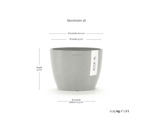 Grauer runder Pflanztopf Ecopots Stockholm 16 mit Abmessungen: Außendurchmesser 16,2 Zentimeter, Höhe 12 Zentimeter, Volumen 1,8 Liter.