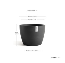 Ecopots Blumentopf Stockholm 24: Höhe 17,7 Zentimeter, Außendurchmesser 23,3 Zentimeter, Innendurchmesser 21,5 Zentimeter, Volumen 5,4 Liter.