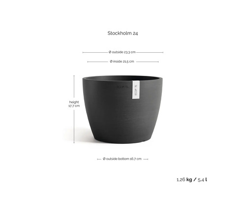 Ecopots Blumentopf Stockholm 24: Höhe 17,7 Zentimeter, Außendurchmesser 23,3 Zentimeter, Innendurchmesser 21,5 Zentimeter, Volumen 5,4 Liter.