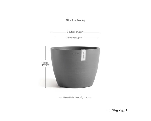 Grauer Blumentopf Ecopots Stockholm 24 mit Maßen: Höhe 17,7 Zentimeter, Außendurchmesser 23,3 Zentimeter, Volumen 5,4 Liter.
