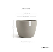 Ecopots Blumentopf Stockholm 24, Höhe 17,7 Zentimeter, Außendurchmesser 23,3 Zentimeter, 5,4 Liter, 1,26 Kilogramm, Ecopots Logo.