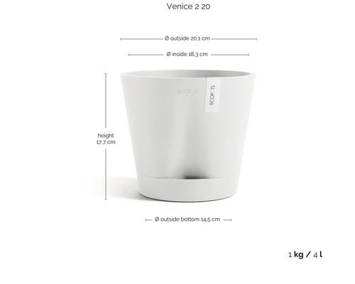Blumentopf ECOPOTS Venice 2 20, Höhe 17,7 Zentimeter, Außendurchmesser oben 20,1 Zentimeter, unten 14,5 Zentimeter, 4 Liter.