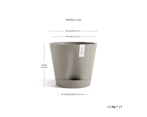Ecopots Venice 2 Pflanzkübel mit Maßen: Höhe 27,5 Zentimeter, Außendurchmesser 30 Zentimeter, Innendurchmesser 27,7 Zentimeter, Volumen 4 Liter.