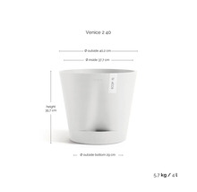 Ecopots Blumentopf Venice 2 40 mit Maßen: Höhe 35,7 Zentimeter, Außendurchmesser oben 40,2 Zentimeter, Bodendurchmesser 29 Zentimeter.