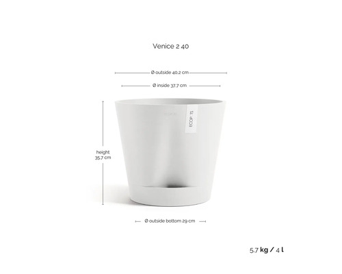 Ecopots Blumentopf Venice 2 40 mit Maßen: Höhe 35,7 Zentimeter, Außendurchmesser oben 40,2 Zentimeter, Bodendurchmesser 29 Zentimeter.