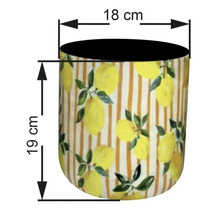 Blumentopf mit Zitronenmuster und Größenangaben