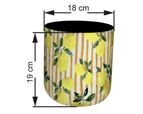 Blumentopf mit Zitronenmuster und Größenangaben