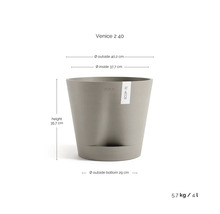Grauer Ecopots Venice 2 40 Pflanzkübel: Außen 40,2 Zentimeter, Höhe 35,7 Zentimeter, Boden 29 Zentimeter, 5,7 Kilogramm, 4 Liter.