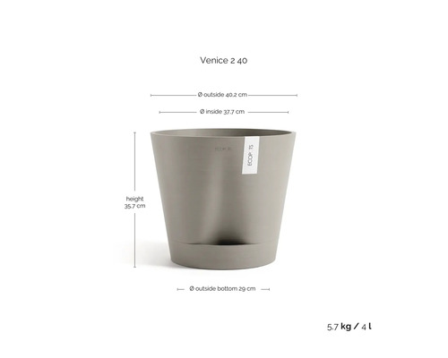Grauer Ecopots Venice 2 40 Pflanzkübel: Außen 40,2 Zentimeter, Höhe 35,7 Zentimeter, Boden 29 Zentimeter, 5,7 Kilogramm, 4 Liter.