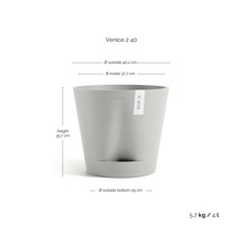 Ecopots Blumentopf Venice 2 40 mit Maßen: Höhe 35,7 Zentimeter, Außendurchmesser 40,2 Zentimeter, Boden 29 Zentimeter.