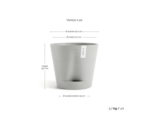 Ecopots Blumentopf Venice 2 40 mit Maßen: Höhe 35,7 Zentimeter, Außendurchmesser 40,2 Zentimeter, Boden 29 Zentimeter.