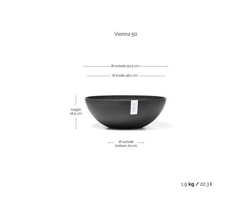 ECOPOTS Pflanzschale Vienna 50 mit Maßen: Höhe 18,5 Zentimeter, Außendurchmesser 50,4 Zentimeter und Fassungsvermögen 22,3 Liter.