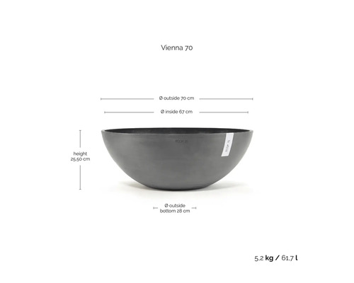 Ecopots Pflanzschale Vienna 70 mit Maßangaben: Höhe 25,50 Zentimeter, Außendurchmesser 70 Zentimeter und Volumen 61,7 Liter.