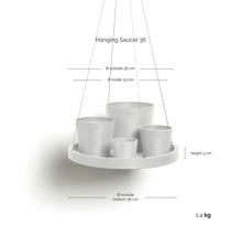 Hängender Untersetzer für Blumentöpfe, Außendurchmesser 36 Zentimeter, Innendurchmesser 33 Zentimeter, Höhe 3 Zentimeter.