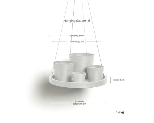Hängender Untersetzer für Blumentöpfe, Außendurchmesser 36 Zentimeter, Innendurchmesser 33 Zentimeter, Höhe 3 Zentimeter.