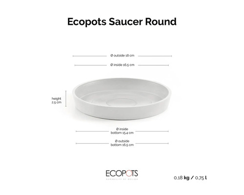 Runder Ecopots Saucer Untersetzer. Höhe 2,5 Zentimeter, Außendurchmesser 18 Zentimeter, Innendurchmesser 16,5 Zentimeter. Ecopots Logo.