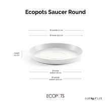 Runder Untersetzer für Pflanztöpfe mit Maßen: Höhe 2,5 Zentimeter, Durchmesser oben 21 Zentimeter, unten 18,8 Zentimeter. Ecopots Logo.