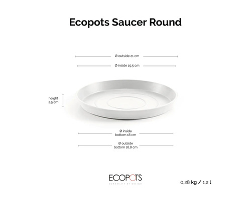 Runder Untersetzer für Pflanztöpfe mit Maßen: Höhe 2,5 Zentimeter, Durchmesser oben 21 Zentimeter, unten 18,8 Zentimeter. Ecopots Logo.